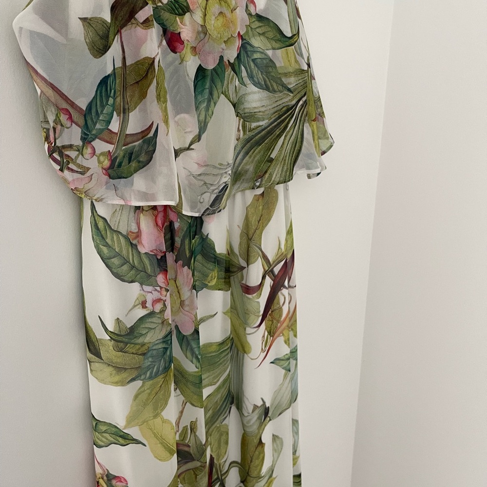 Adrianna Papell White Floral Maxi Dress with Green Leaves and Pink Blooms